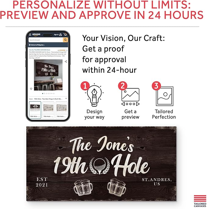 TAILORED CANVASES Golf Art Decor - Personalized Vintage Golf Wall Art Sign for Man Cave, Bedroom, Basement, Home Bar and Custom Gift for Husband, Dad, Wedding & Anniversary - 19th Hole Sign, 48"x24"