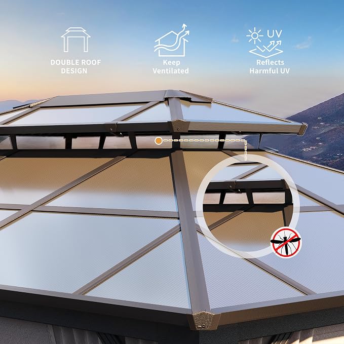 10'x13' Hardtop Gazebo, Outdoor Polycarbonate Double Roof Canopy, Aluminum - Image 4
