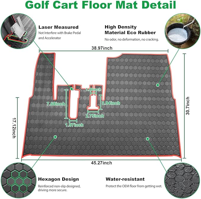 Golf Cart Floor Mat for Yamaha G29 Drive, Upgraded Non-Slip Full Coverage Liner Mats Replacement Thick Rubber, Fits Yamaha Drive (Gen1), G29, YDR, Adventurer (2007-2016)-Red Trim