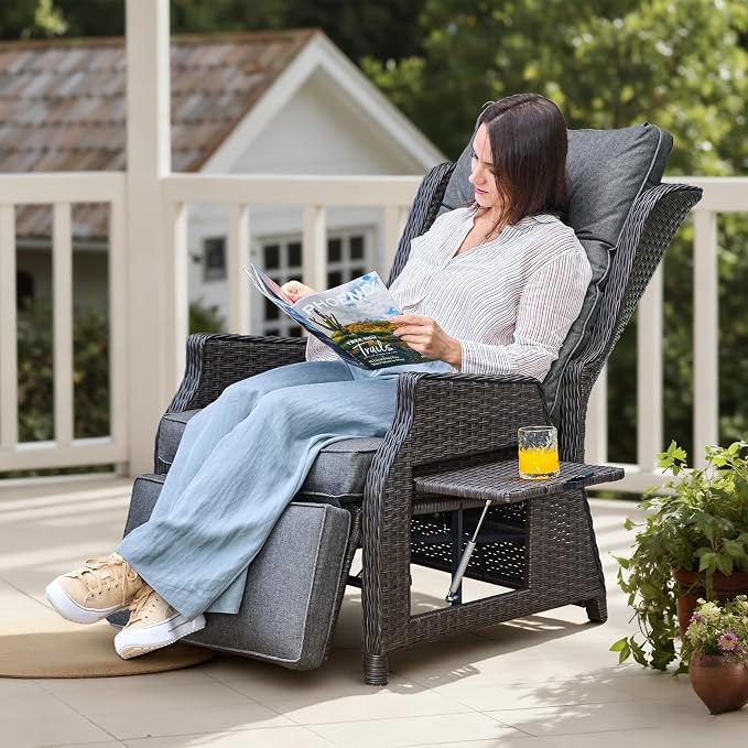 Outdoor Wicker Recliner with Adjustable Back and Footrest, PE Rattan Lounge - Image 7