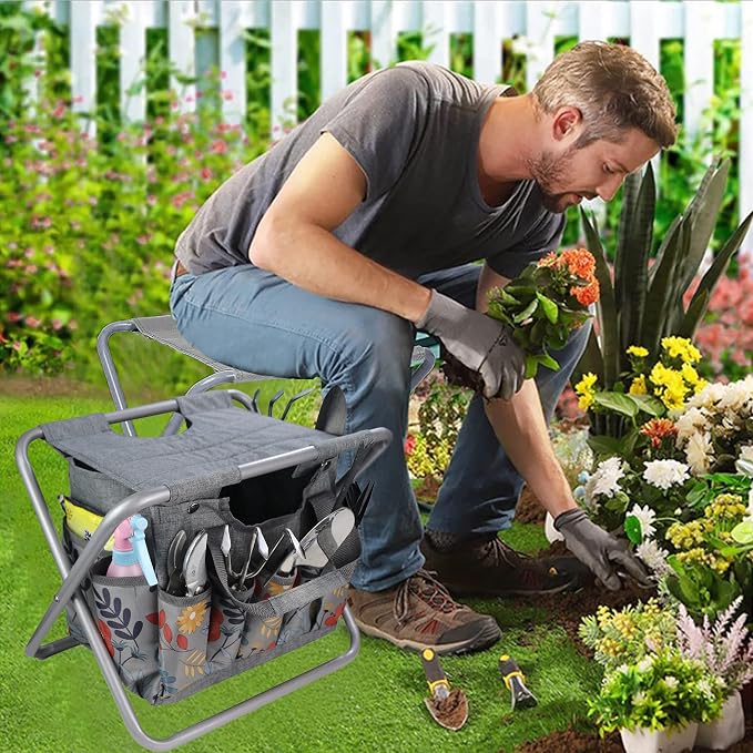 Folding Gardening Stool with Detachable Storage Tote Bag, Gardening Tools Set - Image 2