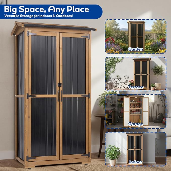 Outdoor Storage Cabinet Weather-Resistant, Wood & Metal Storage Shed - Image 6