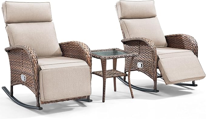3 Pieces Zero Gravity Wicker Patio Rocking Recliner Chairs Set of 2 - Image 7