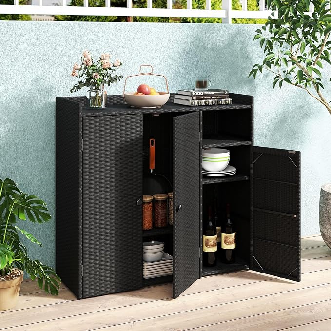 Tangkula Rattan Outdoor Storage Cabinet, Patiojoy Outdoor Cabinet - Image 9