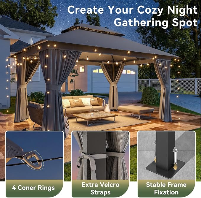 12'x10' Gazebo with Light, Outdoor Gazebo with Double Roofs | Metal Frame Canopy - Image 8