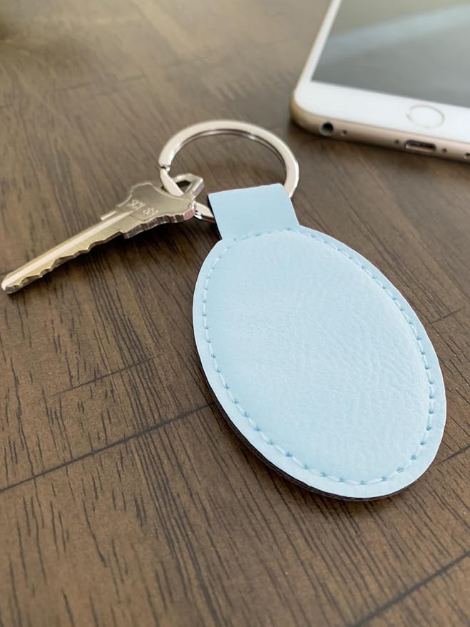 LaserGram Oval Keychain, Palm Trees, Personalized Engraving Included (Light Blue)