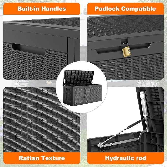 PatioZen 120 Gallon Resin Deck Box, Lockable Weatherproof Outdoor Storage Box - Image 3
