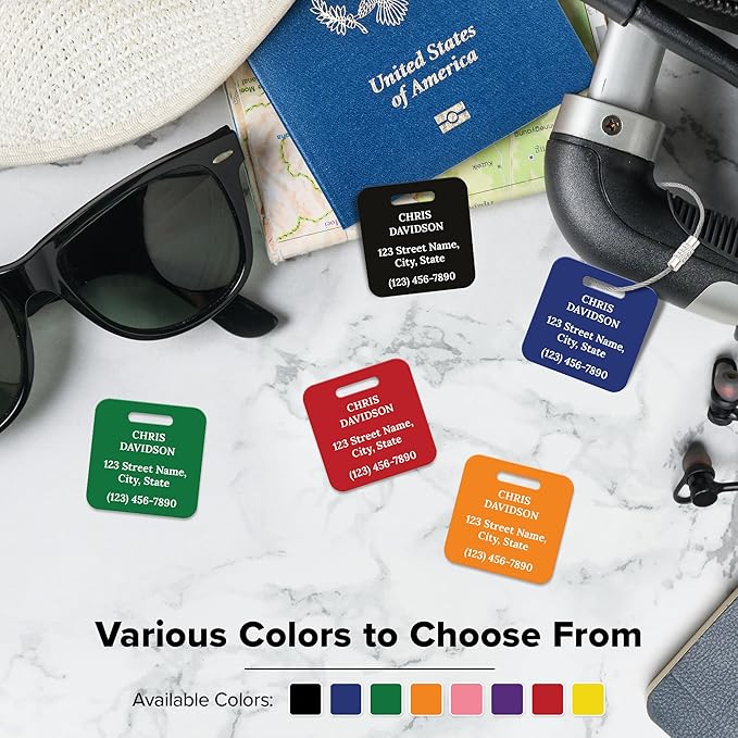 Custom Luggage Tags, Personalized Name Address for Suitcases,Backpack, Handbag, Travel Equipment Tag, 2x2 Inches, Acrylic Heavy Duty Waterproof, Made in The USA by My Sign Center- Red