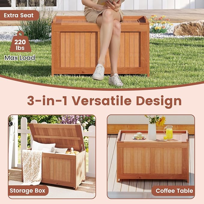 Tangkula 52 Gallon Wood Outdoor Storage Box, 3-in-1 Patio Storage Bench - Image 4