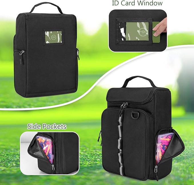 Golf Shoe Bag Holds A Pair of Shoes US Mens 14, Golf Shoe Carrier with Free Gloves Holders (A Pair), Front and Side Accessory Pockets for Tees, Gloves and Ball, Black