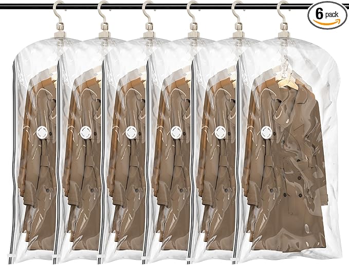 TAILI Hanging Vacuum Storage Bags, Space Saver Bags for Clothes, Coats, Suits and Jackets, Clear, 6 Pack Short, 31 x 15 x 40 inches