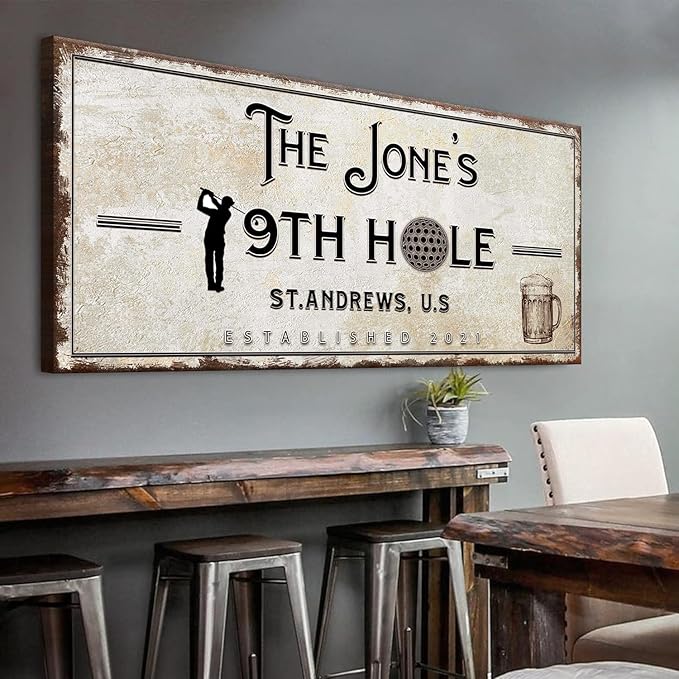 TAILORED CANVASES Golf Art Decor - Personalized Vintage Golf Wall Art Sign for Man Cave, Bedroom, Basement, Home Bar and Custom Gift for Husband, Dad, Wedding & Anniversary - 19th Hole Sign, 48"x24"