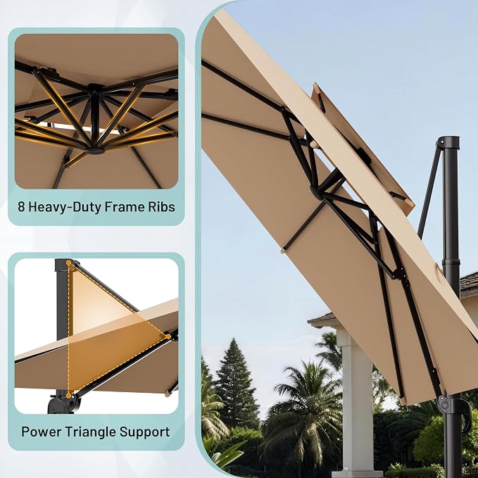 11×11 FT Double-Top Cantilever Patio Umbrella, Outdoor Umbrellas - Image 4