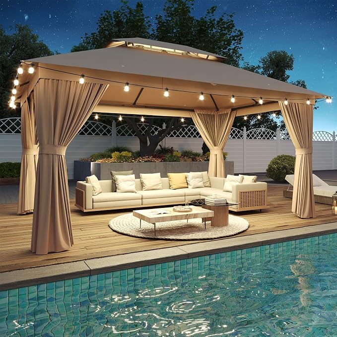 12'x10' Gazebo with Light, Outdoor Gazebo with Double Roofs | Metal Frame Canopy by Breezestival