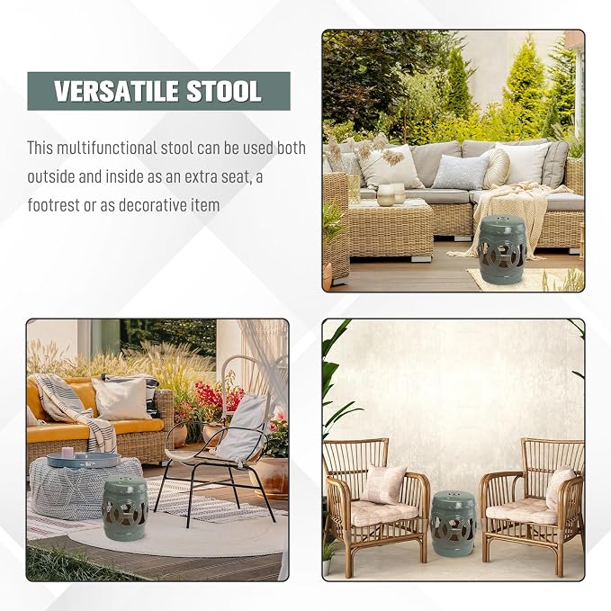 Outsunny 14" x 17" Ceramic Garden Stool Strong Glazed Material Green | - Image 5