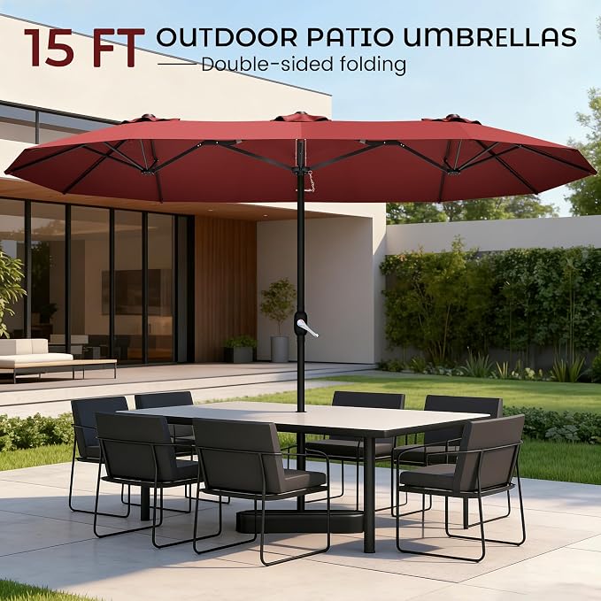 15ft Red Patio Umbrella with Base Included, Rectangle Double Extra Large Table - Image 2