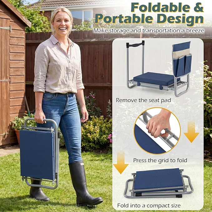 2-in-1 Garden Kneeler and Seat, Folding Garden Seat w/EVA Foam Kneeling Pad & - Image 4