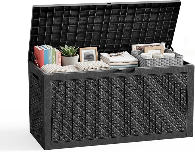 PatioZen 110 Gallon Resin Deck Box, Lockable Patio Outdoor Storage Box by OutdoorLivingPerfected