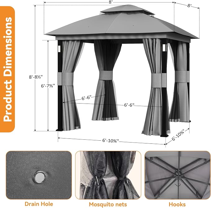 Patio Gazebo 8'x8' with LED Lights & Bluetooth Speaker, Heavy Duty Outdoor - Image 3