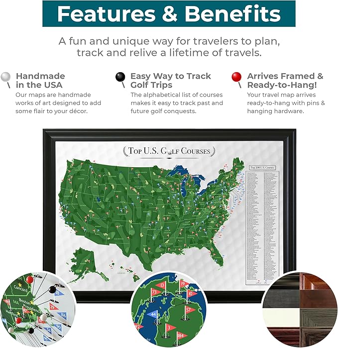 Push Pin Travel Maps Customizable Wall Art - Top Golf Courses USA Map - Rustic Brown - Framed Pin Map, Includes 150 Pins - Handcrafted in USA - 27.5" x 39.5"