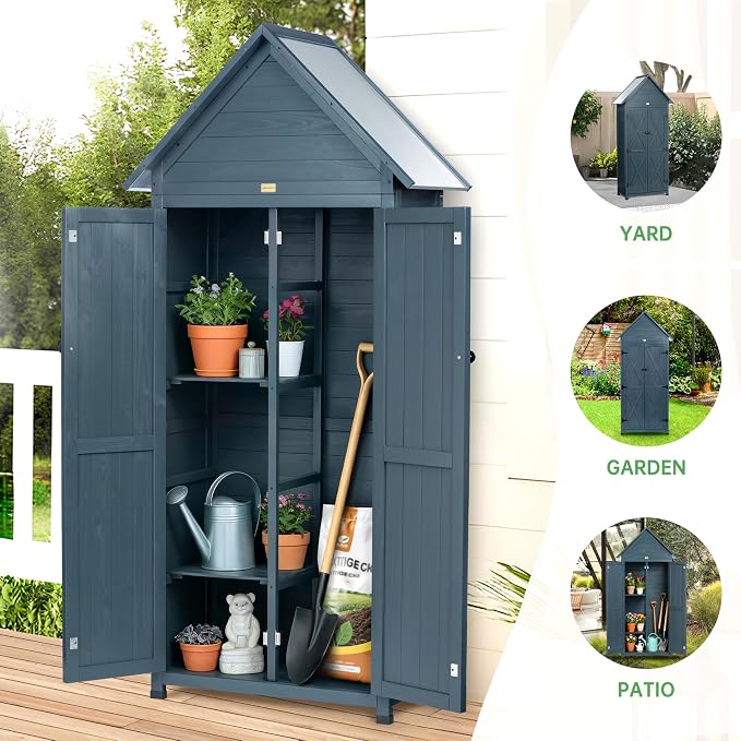 Outdoor Storage Shed with Floor & Adjustable Shelves, Wooden Garden Tool - Image 2