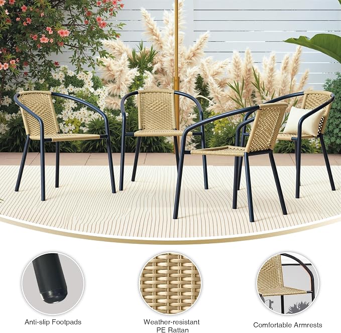 4 Pack Patio Stackable Rattan Chairs, Indoor-Outdoor Restaurant Bistro Wicker - Image 4