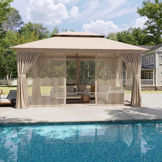 Aoxun 10x12FT Metal Frame Outdoor Gazebo, Khaki | UPF50+ Protection 50×50mm by Aoxun