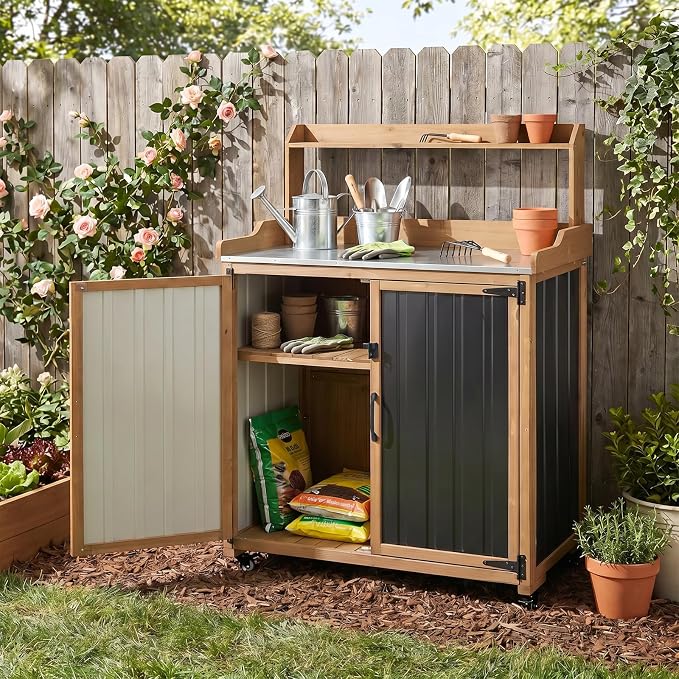 Outdoor Storage Cabinet with 4 Wheels and Handle, Metal & Wood Potting Bench - Image 9