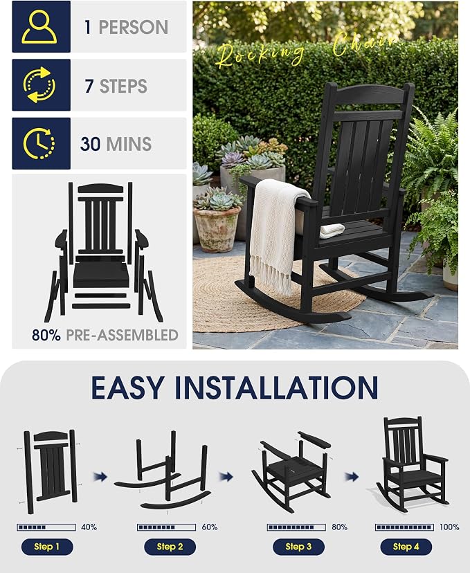 Oversized Outdoor Rocking Chairs Set of 6, HDPE Porch Rocker - Image 9