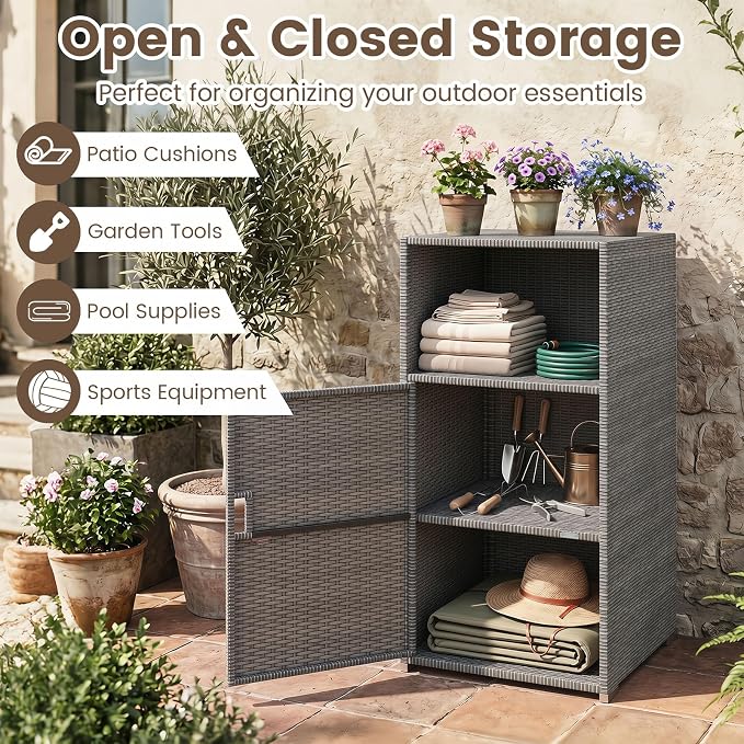 Tangkula Rattan Outdoor Storage Cabinet, Patiojoy PE Wicker Outdoor Cabinet - Image 3