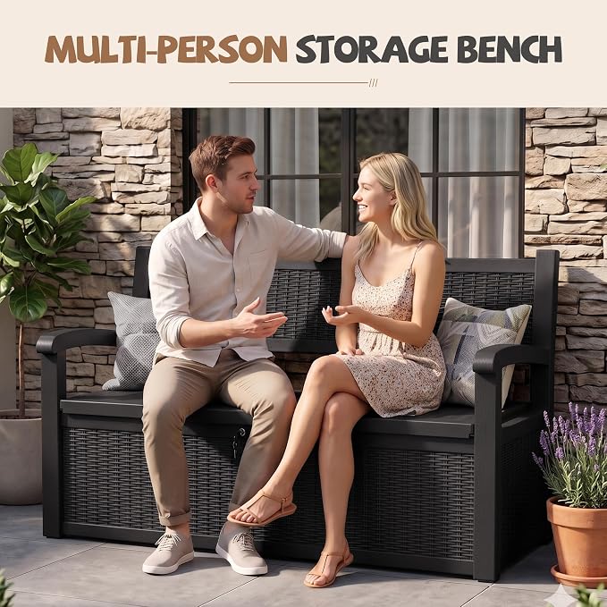 EFU Outdoor Bench Storage Deck Box, 100 Gallon Waterproof Wicker | Patio - Image 2