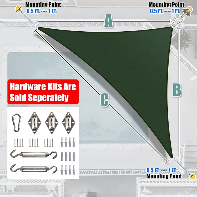 Amgo Custom Size 8' x 13' x 15.3' Green Right Triangle Sun Shade Sail UPF50+ - Image 6