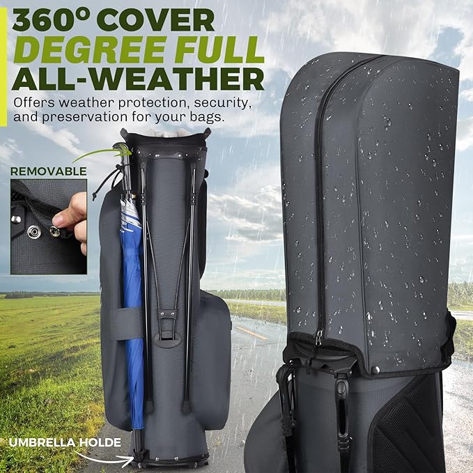 8-Way Golf Stand Bag, Lightweight Golf Bag with Dual Strap & Full-Length Dividers, Portable Golf Club Carry Bag with Multiple Pockets, Waterproof Rain Hood for Men Women