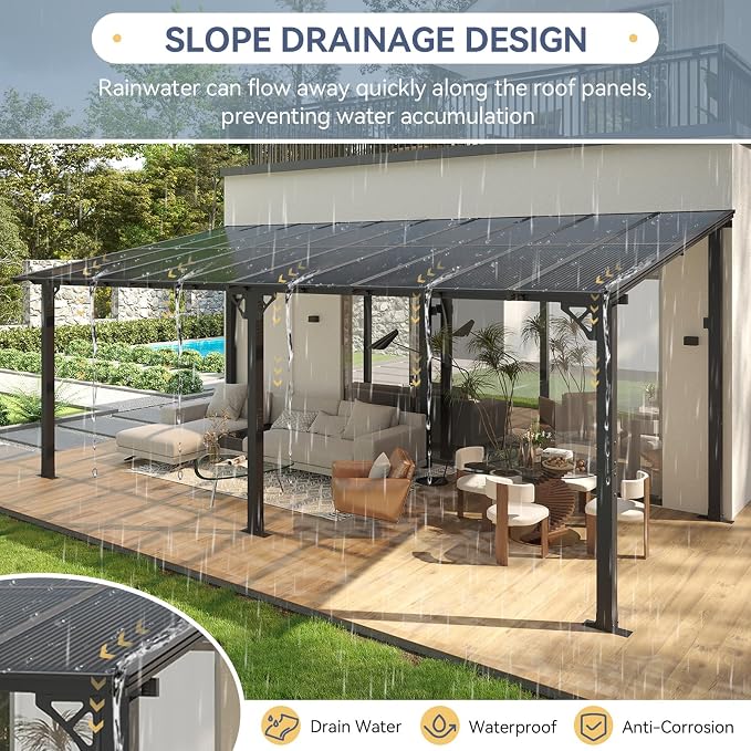 10' x 20' Lean to Gazebo Pergola, Hardtop Gazebo Metal Large Galvanized Steel - Image 4