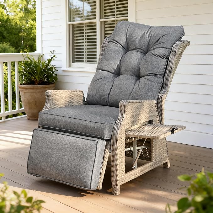 Outdoor Recliner with Adjustable Backrest and Footrest, PE Rattan Lounge Chair by COMLAXFIELD