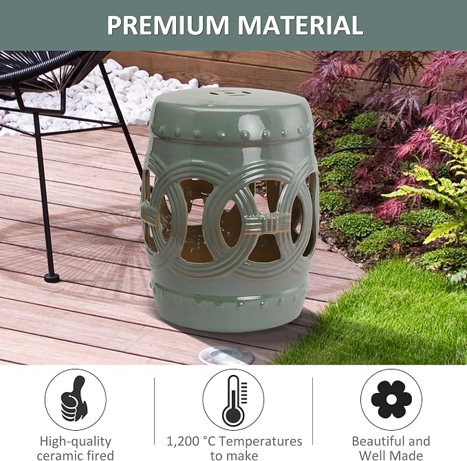 Outsunny 14" x 17" Ceramic Garden Stool Strong Glazed Material Green | - Image 4