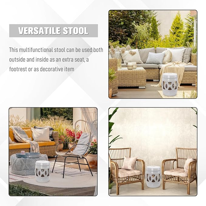 Outsunny 14" x 17" Ceramic Garden Stool Strong Glazed Material White | - Image 5