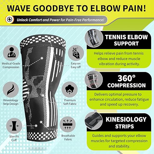 BLITZU Elbow Compression Sleeve for Tendonitis 2 Pack, Tennis Elbow Brace Support for Men and Women Golfers Elbow Pain Relief, Arthritis, Bursitis, Arm Brace for Workout, Weightlifting Black L
