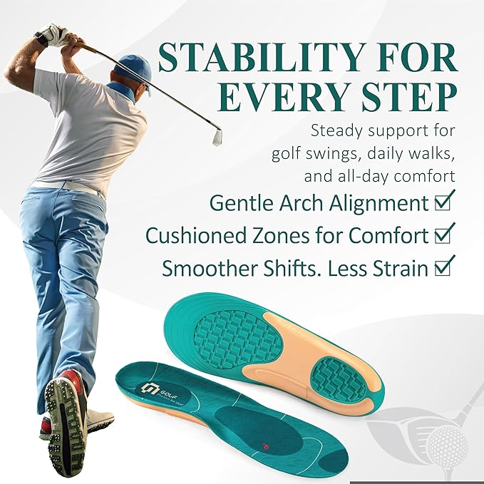 Golf Shoe Insoles for Men - GED Sports Insoles for Arch Support and Athletics - Lightweight, Elastic, Trim to Fit, Increase Stability, Balance, Precision Swings, Reduced Foot Fatigue (US 6-8.5)