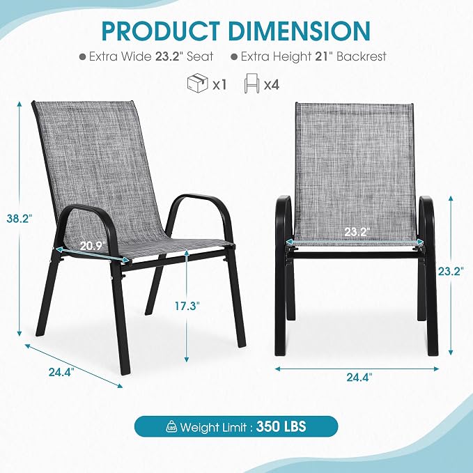 Outdoor Stackable Chairs Set of 4, Textilene Fabric, - Image 3
