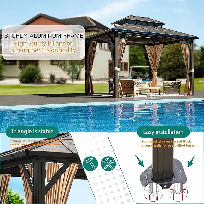 GAOMON 10'x12' Hardtop Gazebo, Outdoor Polycarbonate Double Roof Canopy - Image 9