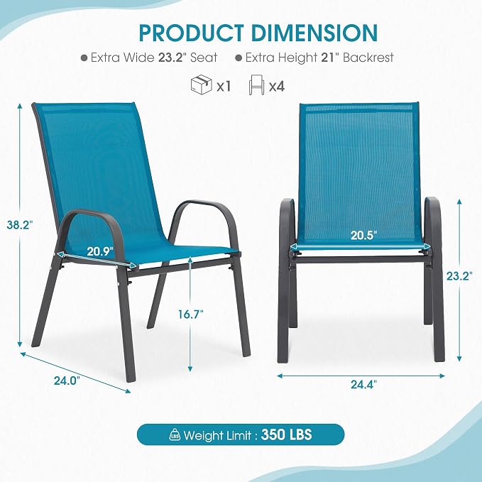 24.4" Wide Outdoor Stackable Chairs Set of 6 | Stacking Patio Chairs - Image 3