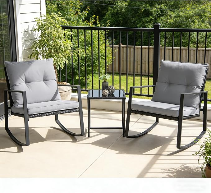SUNCROWN 3 Piece Outdoor Rocking Bistro Set Black Wicker Furniture Porch Chairs - Image 2