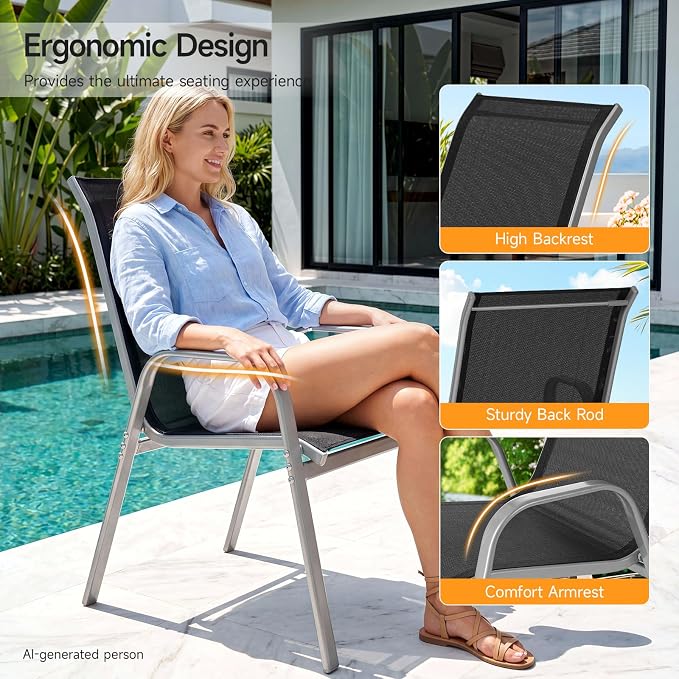 Patio Chairs Set of 2, Stackable Outdoor Dining Chairs | All Weather Dining Set - Image 4