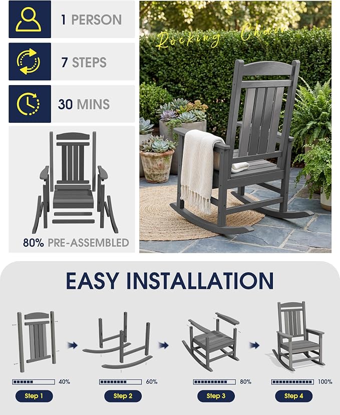 Oversized Outdoor Rocking Chairs Set of 4, Porch Rocker Unique Gray | - Image 6