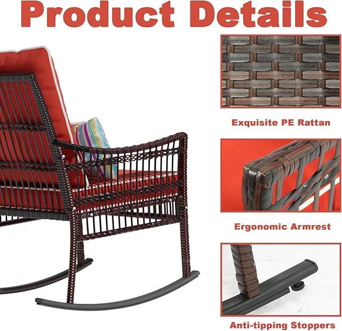 DECMICO 3-Piece Outdoor Rocking Chair Set, Wicker Bistro Furniture | Orange - Image 5