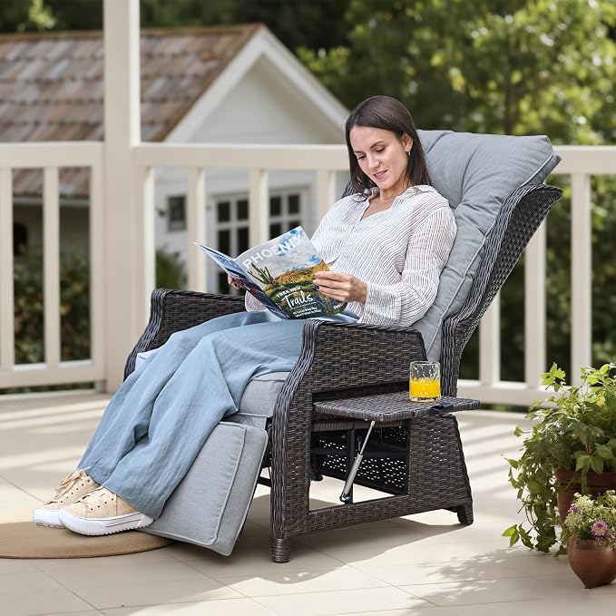 Outdoor Recliner with Adjustable Back and Footrest, Light Grey | Wicker - Image 7