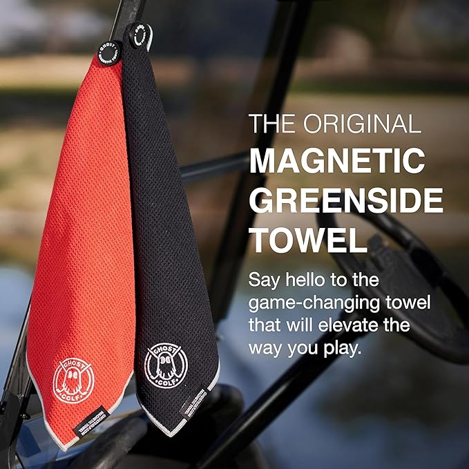Ghost Golf Magnetic Towel (Greenside) - Premium Ultra-Absorbent Microfiber Golf Towel with Magnet for Golf Carts or Clubs - 18" x 18" Golfing Gear - Waffle Weave Pattern (Orange)