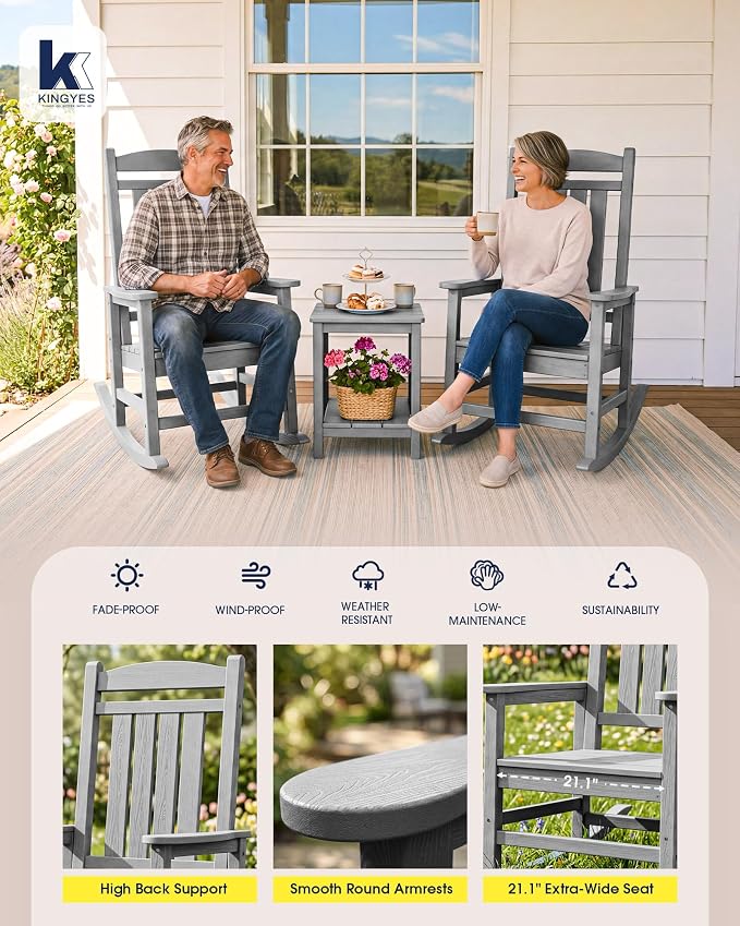 Oversized Outdoor Rocking Chair Set of 2, Porch Rockers, Light Gray | - Image 6