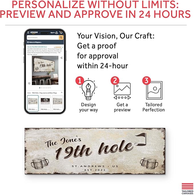 TAILORED CANVASES Golf Art Decor - Personalized Vintage Golf Wall Art Sign for Man Cave, Bedroom, Basement, Home Bar and Custom Gift for Husband, Dad, Wedding & Anniversary - 19th Hole Sign, 36"x12"